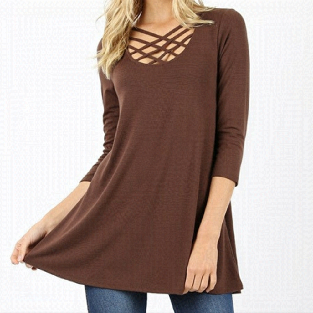 ZENANA 3/4 Sleeve Brown Tunic Top Size Medium NWT